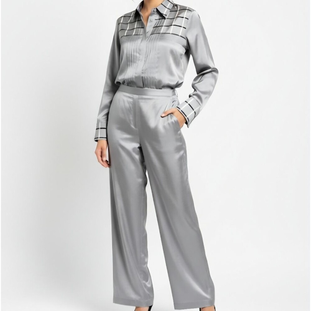 J.S. Thai 100% Silk Womens 2-Piece Set Handmade Plaid Shirt & Pants Silver Sz P
